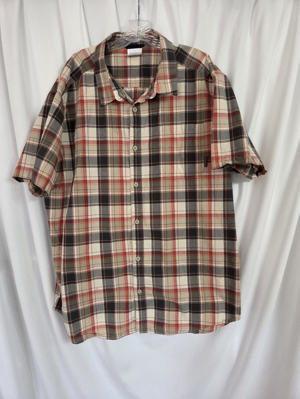 Columbia Casual Short-Sleeve Plaid Button-Down Shirt - Cream/Red/Black Size XXL